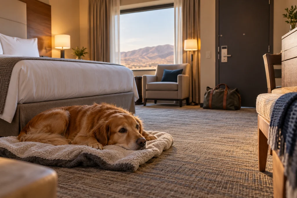 Hund ruht auf eigener Decke in einem ruhigen neutralen Hotelzimmer