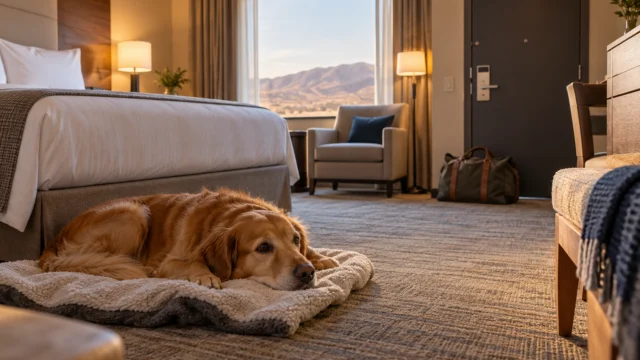 Hund ruht auf eigener Decke in einem ruhigen neutralen Hotelzimmer