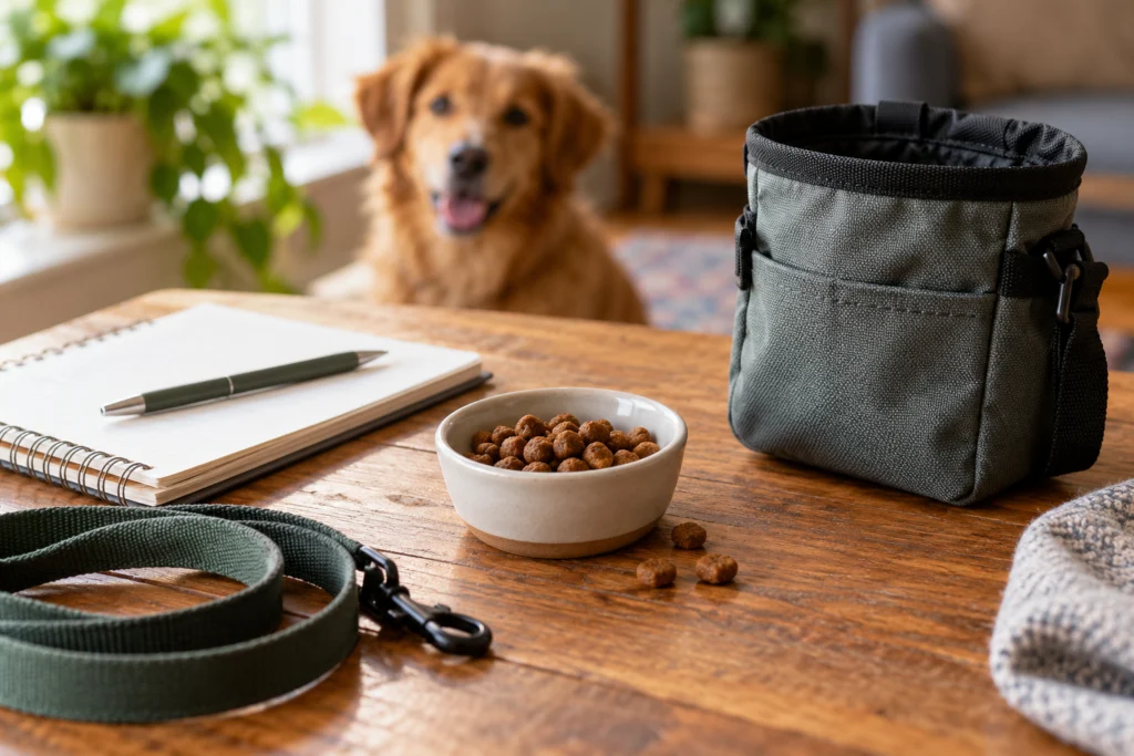 Kleine vorbereitete Portion geeigneten Hundefutters neben einem Trainingsbeutel