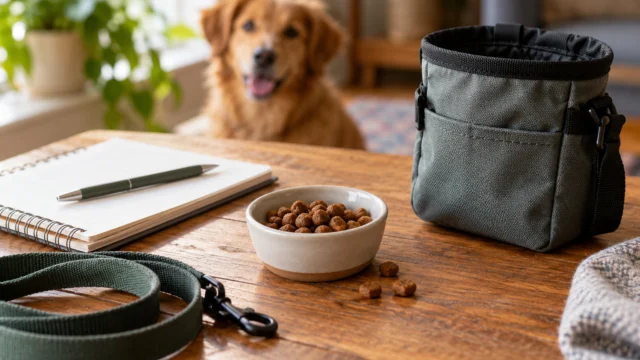 Kleine vorbereitete Portion geeigneten Hundefutters neben einem Trainingsbeutel
