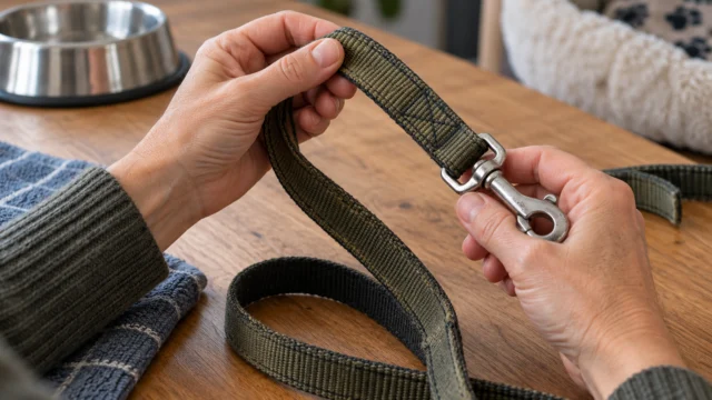 Hände prüfen Naht und Verschluss einer gebrauchten Hundeleine auf einem Tisch