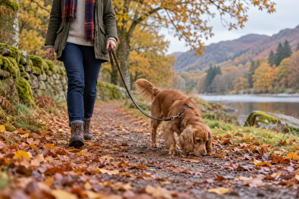 Hund schnüffelt an einem herbstlichen Wegrand neben seiner Bezugsperson