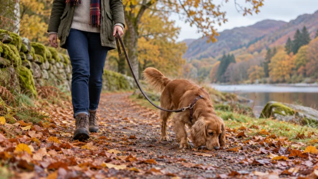 Hund schnüffelt an einem herbstlichen Wegrand neben seiner Bezugsperson