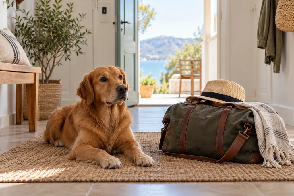 Hund liegt neben einem Reisekoffer im Eingangsbereich einer einfachen Ferienwohnung