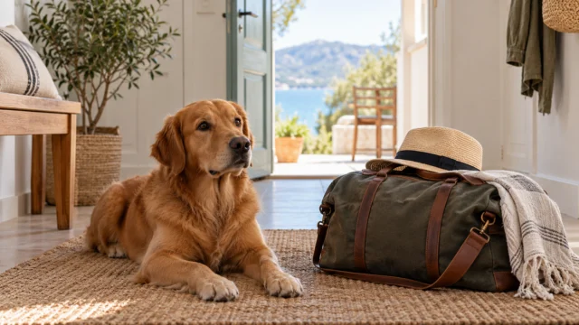Hund liegt neben einem Reisekoffer im Eingangsbereich einer einfachen Ferienwohnung