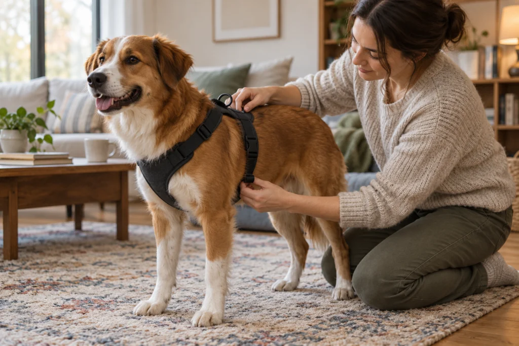 Erwachsene Person prüft behutsam ein schlichtes Geschirr an einem stehenden Hund
