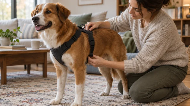 Erwachsene Person prüft behutsam ein schlichtes Geschirr an einem stehenden Hund