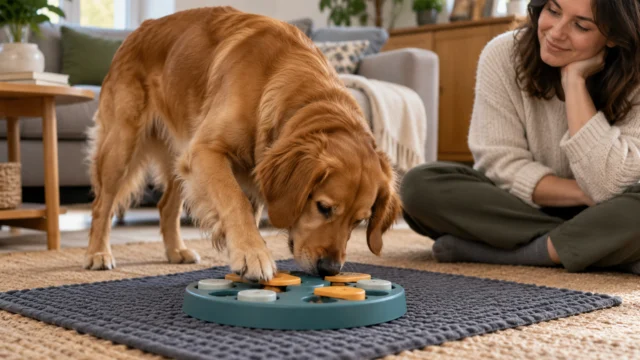 Hund sucht ruhig in einem geeigneten großen Suchspielzeug auf rutschfestem Boden