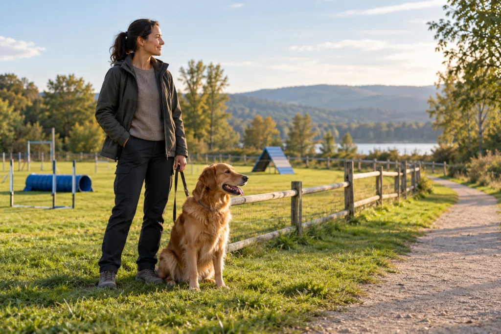 Hund und Bezugsperson am Rand eines einfachen Hundesportplatzes