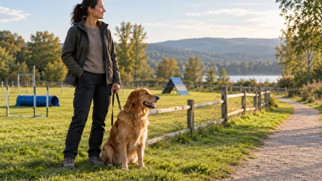 Hund und Bezugsperson am Rand eines einfachen Hundesportplatzes