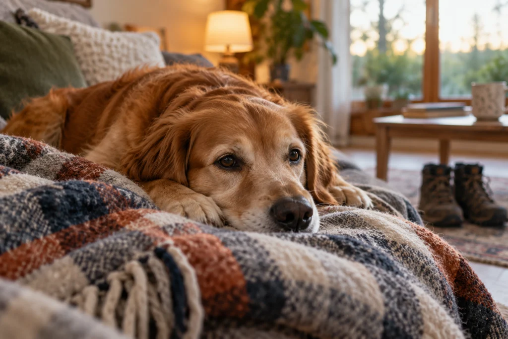 Hund liegt entspannt auf einer Decke in einem ruhigen Wohnraum