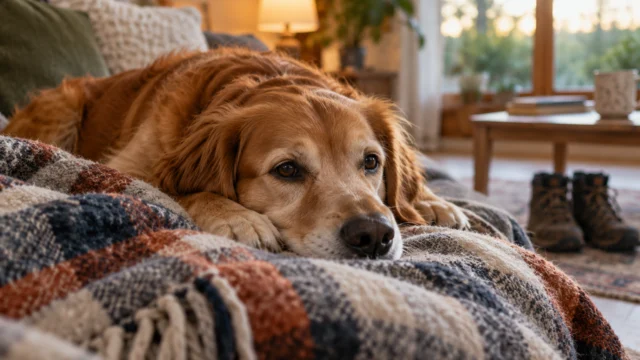 Hund liegt entspannt auf einer Decke in einem ruhigen Wohnraum