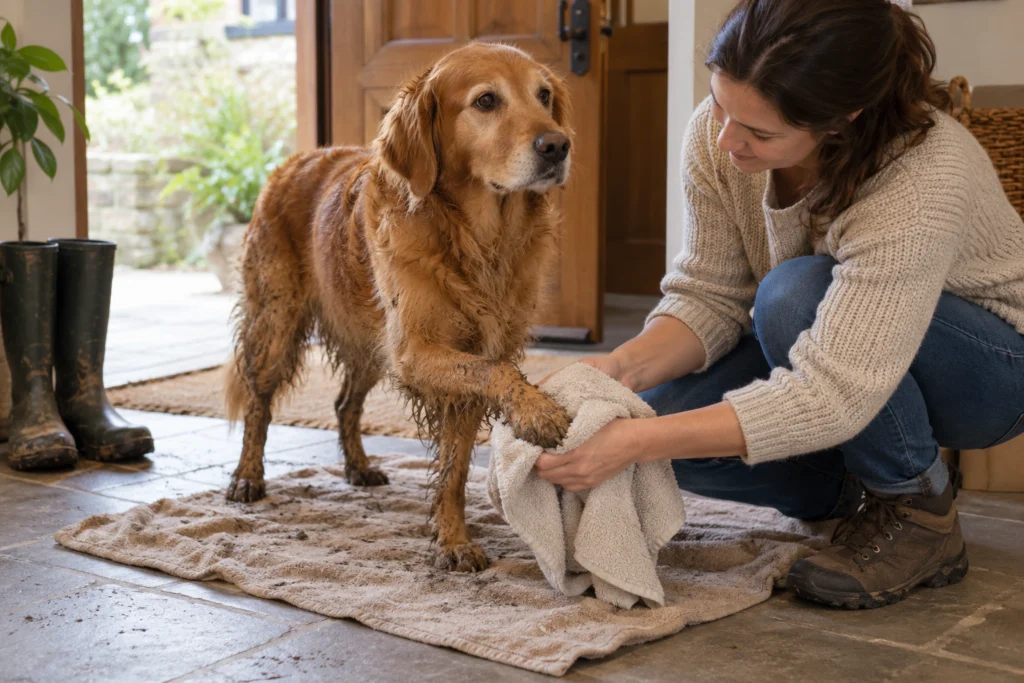 Hund steht ruhig auf einem Handtuch während eine Pfote behutsam gesäubert wird