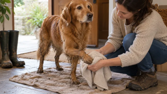 Hund steht ruhig auf einem Handtuch während eine Pfote behutsam gesäubert wird