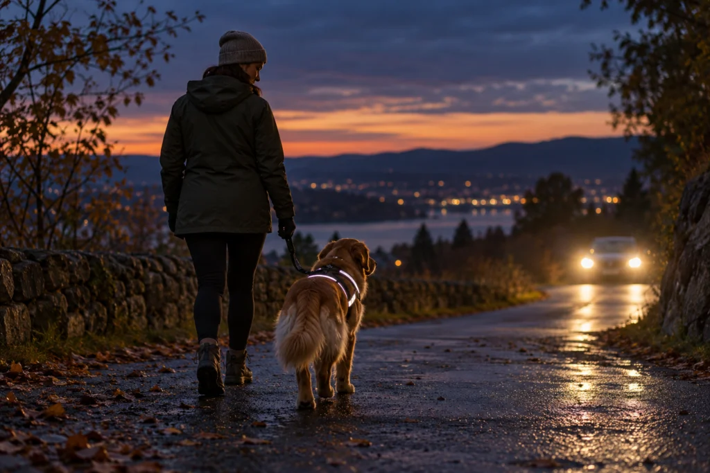 Hund mit reflektierenden Details und erwachsene Person auf einem beleuchteten Abendweg