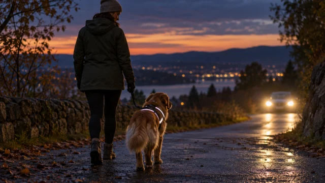 Hund mit reflektierenden Details und erwachsene Person auf einem beleuchteten Abendweg