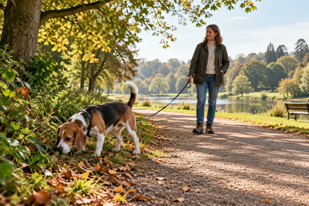 Hund erkundet schnüffelnd einen ruhigen grünen Wegrand an lockerer Leine