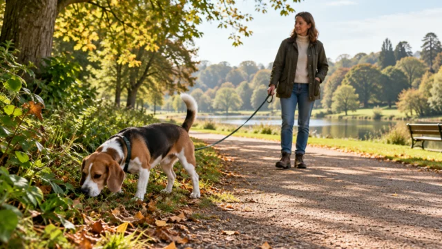 Hund erkundet schnüffelnd einen ruhigen grünen Wegrand an lockerer Leine