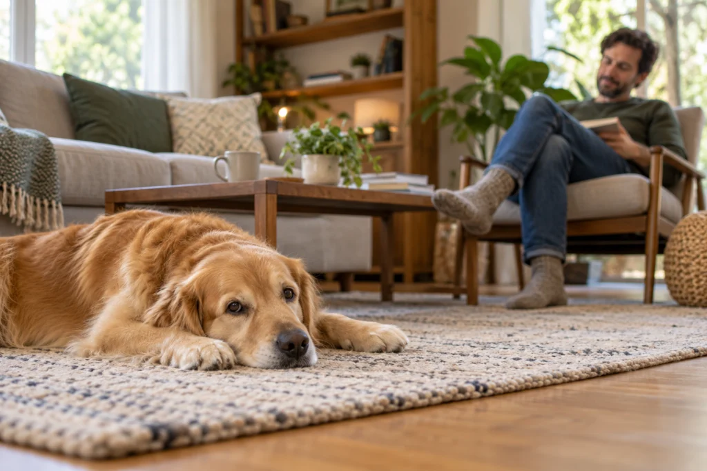 Hund entspannt auf seinem Platz während eine erwachsene Person in Sichtweite bleibt