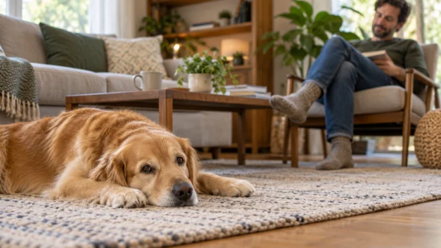Hund entspannt auf seinem Platz während eine erwachsene Person in Sichtweite bleibt