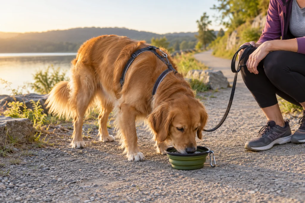 Hund trinkt aus einem sauberen Reisenapf neben einem Wanderweg