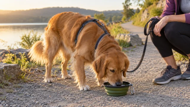 Hund trinkt aus einem sauberen Reisenapf neben einem Wanderweg