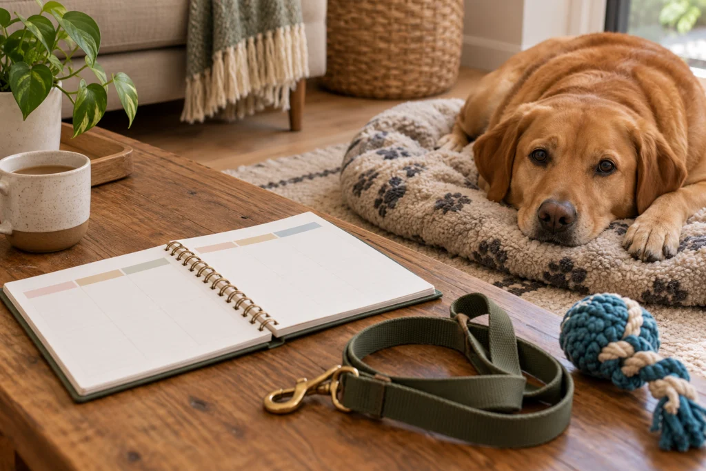 Einfacher Wochenplan neben Hundedecke, Leine und Spielzeug