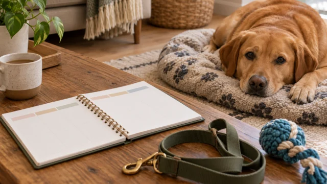 Einfacher Wochenplan neben Hundedecke, Leine und Spielzeug